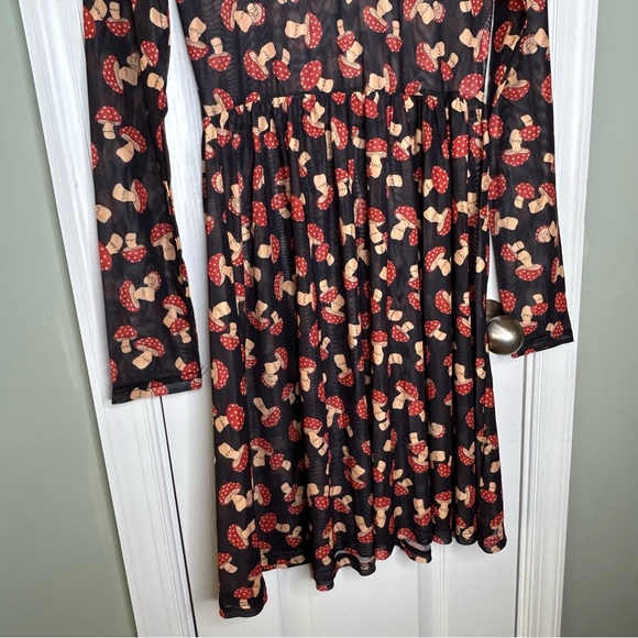 Dangerfield Sheer Black Mesh Mushroom Print Unique Alt Goth Mock Neck Dress 6 - Picture 4 of 11